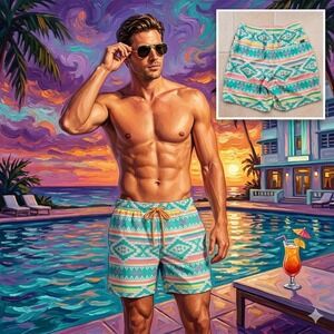 Chubbies Mens 7" Inseam Swim Trunks Teal Geometric Southwestern Board Shorts M